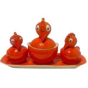 Rare Vintage Ceramic Chicks Salt & Pepper & Sugar Dish Set on Tray Orange Japan